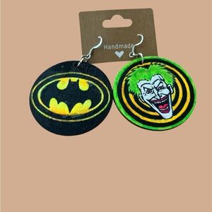 Handmade Batman and Joker Earrings - Black and Green, handpainted